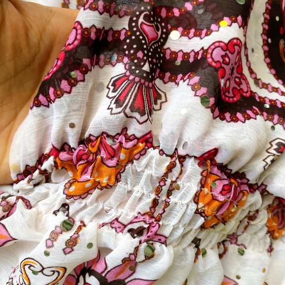 πΊ BOHO FLORAL BURGUNDY RED PINK IVORY SEQUIN OPEN BACK MAXI DRESS! - Picture 7 of 9